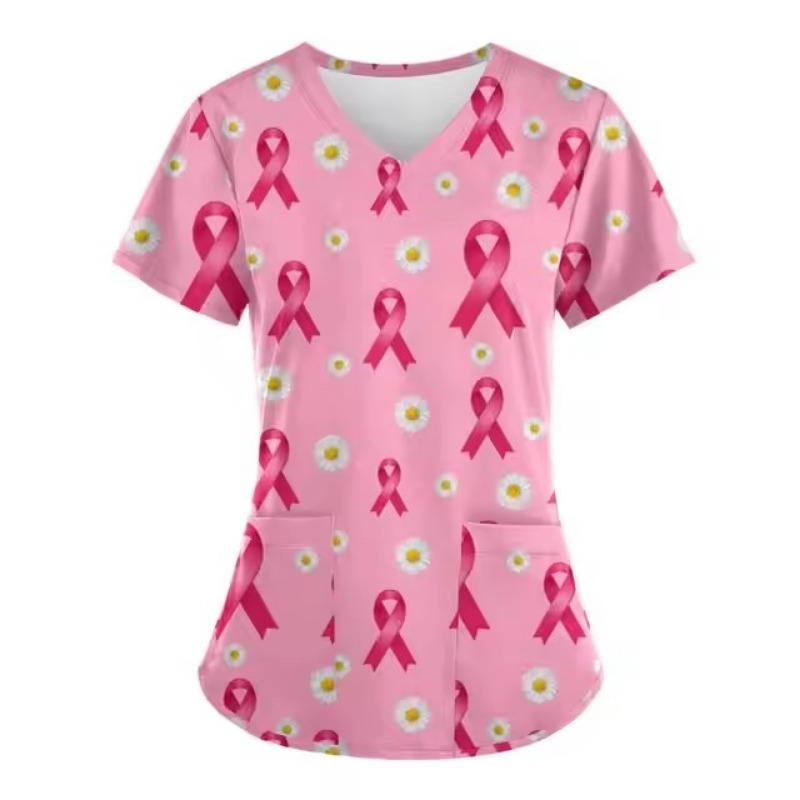 Медицинская форма с розовой лентой, борец с раком, женская униформа с V-образным вырезом, короткими рукавами и карманами, женская униформа с медицинскими халатами