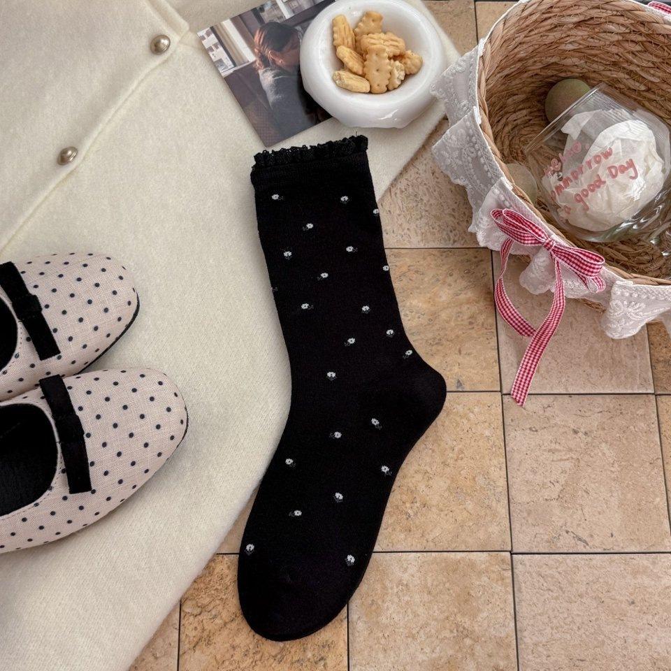 Women Spring Autumn Winter Cotton Socks,Floral Lace Calf Socks,Breathable Vertical Strip Thin Medium Tube Boneless Versatile Casual Socks
