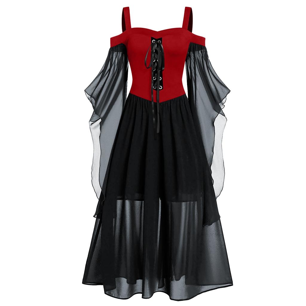 Women Plus Size Cold Shoulder Butterfly Sleeve Halloween Gothic Dress
