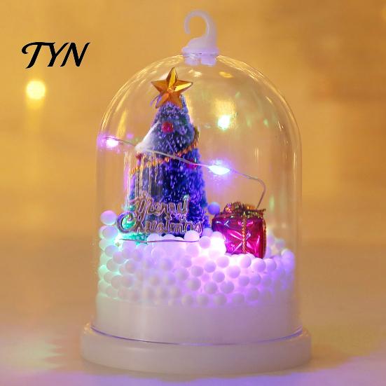 Hanging Christmas Tree Light in Dome with LED Light, Mini Cedar Up Compact Gift for Friends Ornament, Battery Powered Decorative Table Lamp