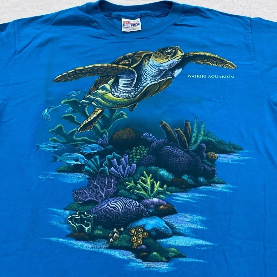 Винтажная футболка 90-х SEA TURTLE WAIKIKI AQUARIUM РАЗМЕР M гавайи серфинг одинарный шов