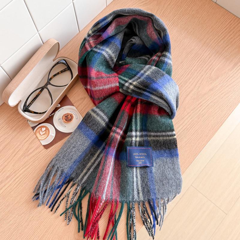 Wool scarf men's and women's winter blue plaid cashmere scarf high-end navy blue British style thickened new model