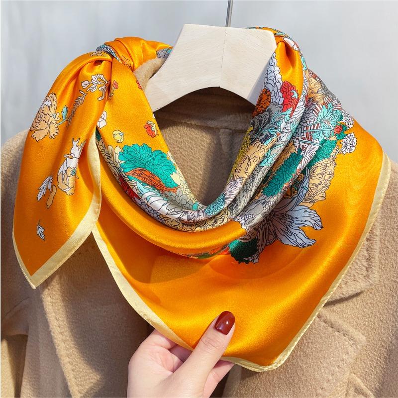 New Flower Pony Printing Plain Crepe Satin Silk Silk Scarf Women's Spring Light Luxury Premium Mulberry Silk Square Scarf