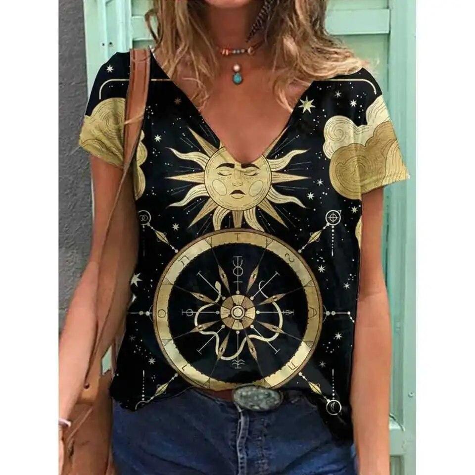 2023 Summer 5XL Women's T-Shirt Vintage Casual Black Fashion V Neck Pullover Short Sleeve Printed Loose Daily Tops Design Clothe