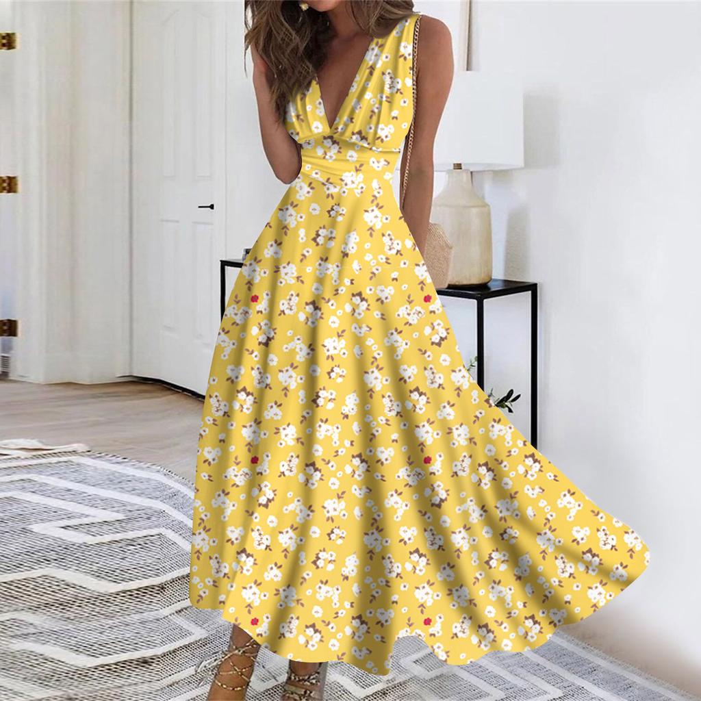 Женское длинное платье Платье макси Повседневное платье Летнее повседневное платье без рукавов с v-образным вырезом в стиле бохо с талией и принтом