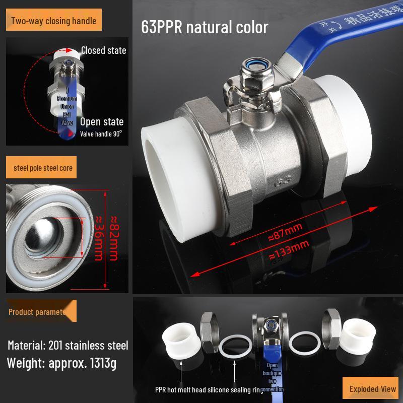 4-Point Double Union 20PPR Stainless Steel Ball Valve for Household Water Pipe Fittings