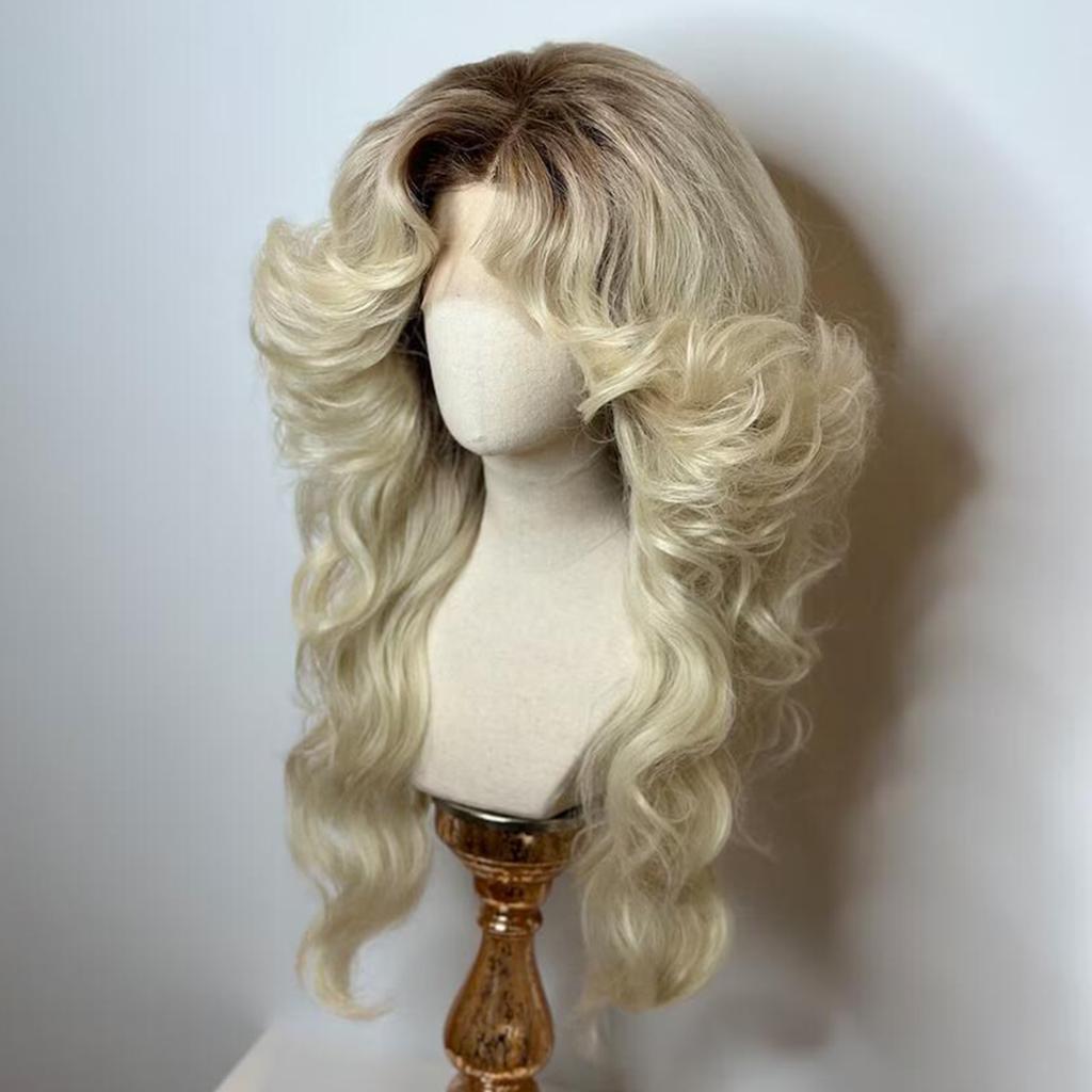 Women's 70s Ombre Blonde Big Body Wave Wig HD Lace Closure 5x5 Vintage Disco Singer Halloween Party Costume Hair