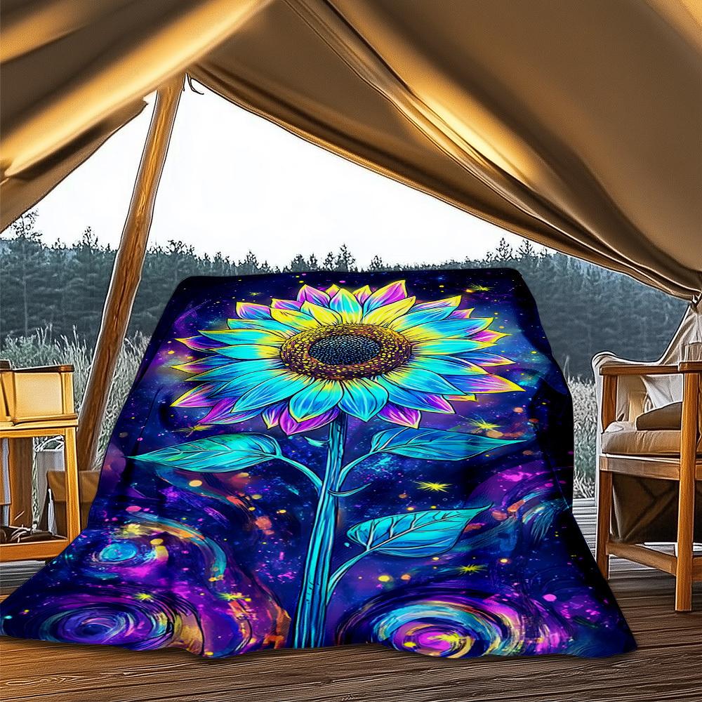 1pc Neon Sunflower Print Throw Blanket Polyester Fiber, Lightweight Flannel, Soft & Warm, All Season Use for Outdoor, Camping Digital Print
