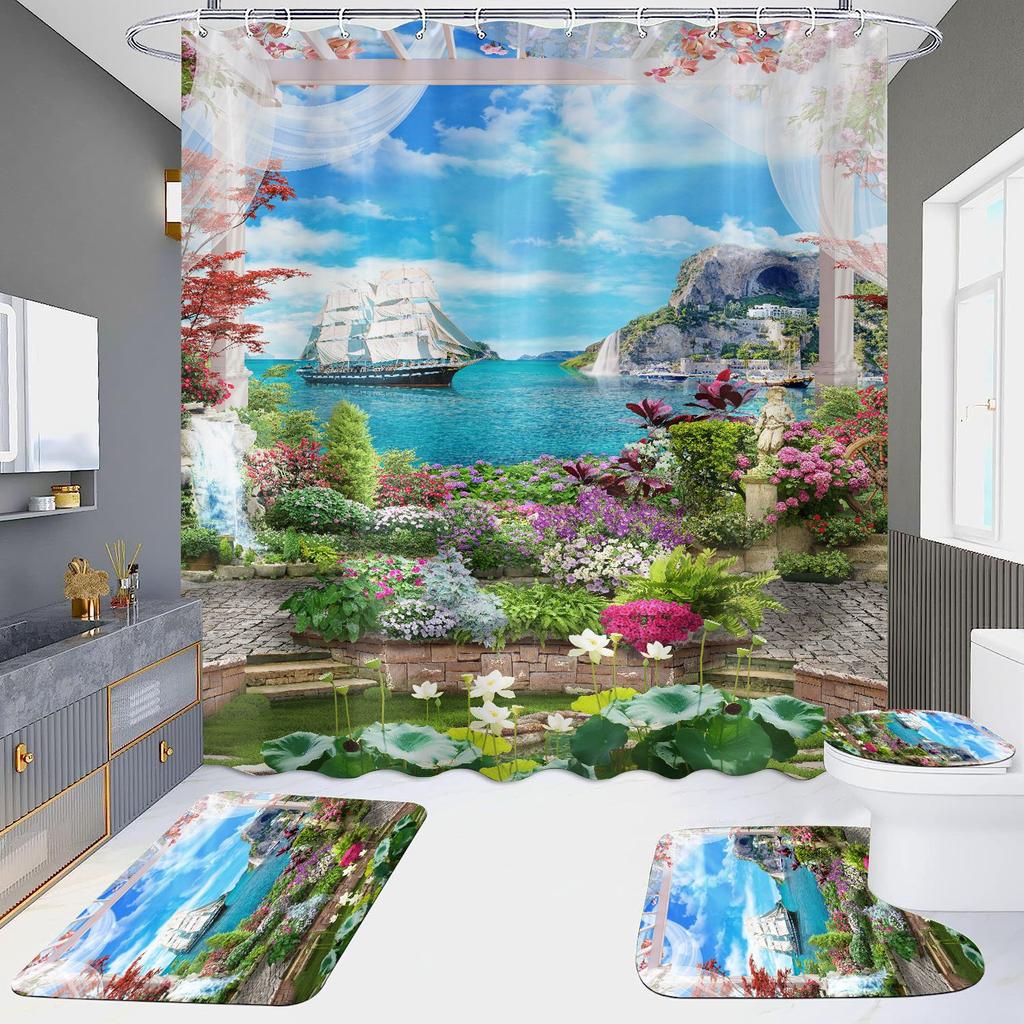 4 шт., наборы занавесок для душа в европейском стиле с архитектурой замка Мандала для ванной комнаты, нескользящие коврики для ванной комнаты, крышка для унитаза, коврик для ванной