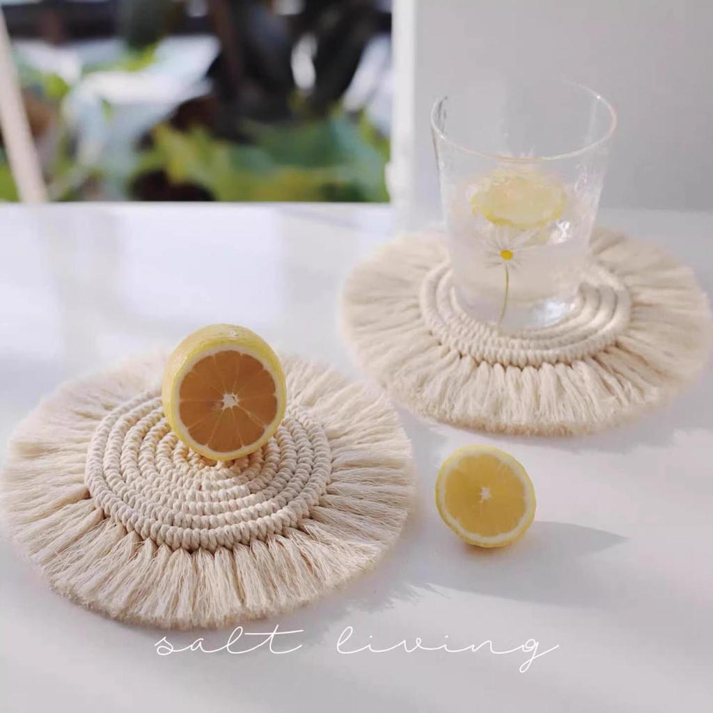 Hand-Woven White Cotton Linen Tassel Coaster - Heat Insulation Pad