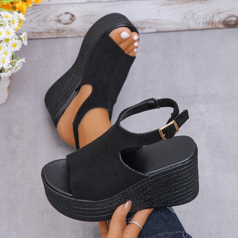 2024 Новые однотонные женские босоножки на танкетке, летняя мода, толстая подошва, пряжка, повседневные удобные прогулочные сандалии, женская обувь