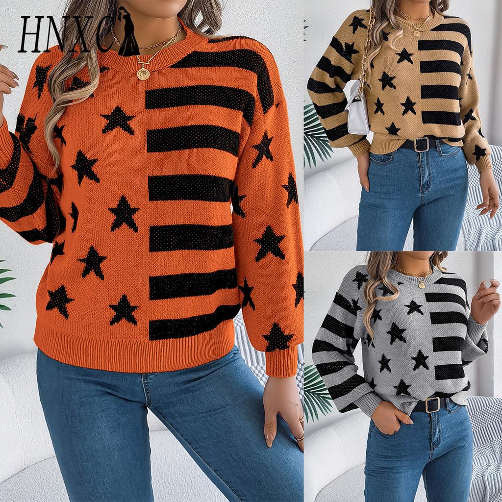 HNXC Повседневный свитер-пуловер с длинными рукавами-фонариками в осенне-зимнюю полоску со звездами, женская одежда