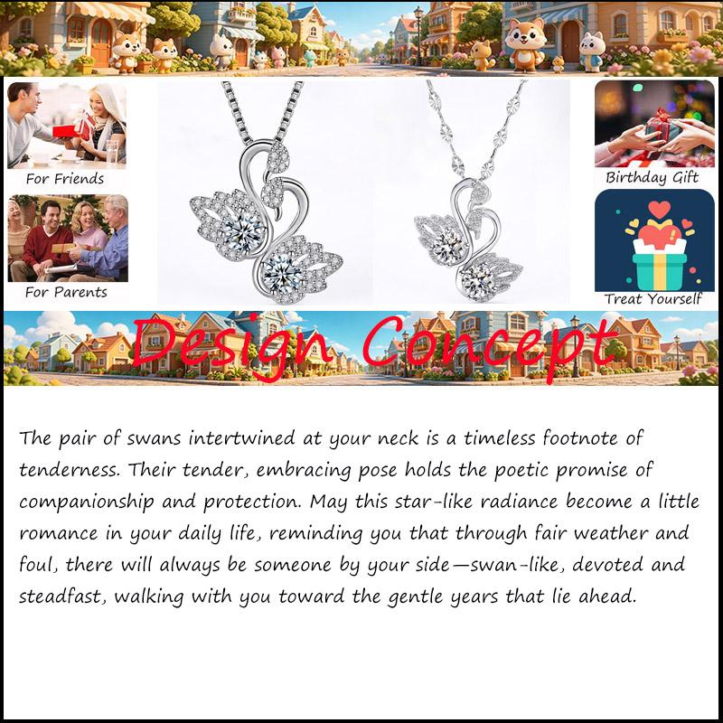 Romantic Double Swan Pendant Necklace Cubic Zirconia Silver Tone Dainty Clavicle Chain Pendant Jewelry Gift for Women Daily Birthday Valentine's Day
