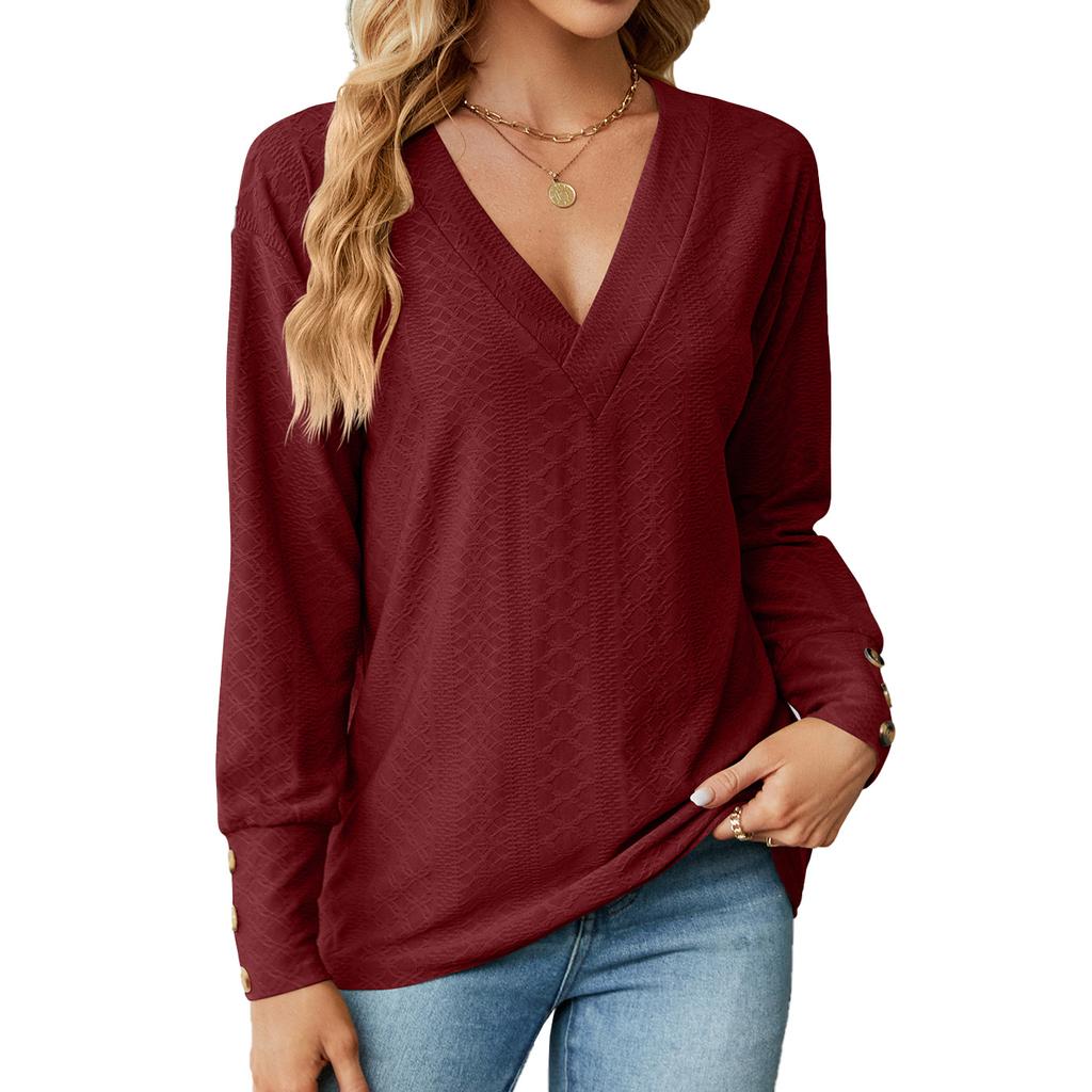 2024 Европейская и Американская осень/зима Новая однотонная свободная футболка с V-образным вырезом и пуговицами для женщин