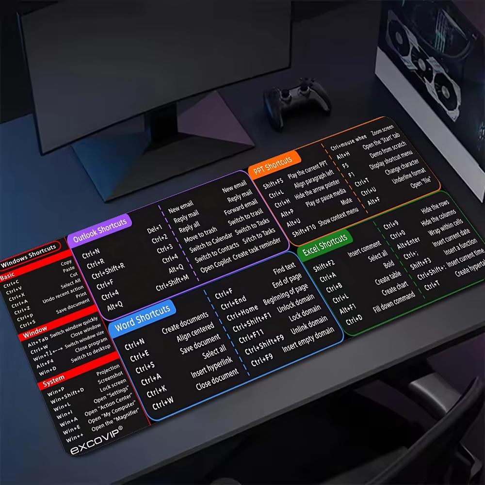 Word Excel PPT Shortcuts Guide XXL Gaming Mouse Pad Overlock Stitched Deskmat Non-Slip Rubber Keyboard Mat Office Gamer Pad