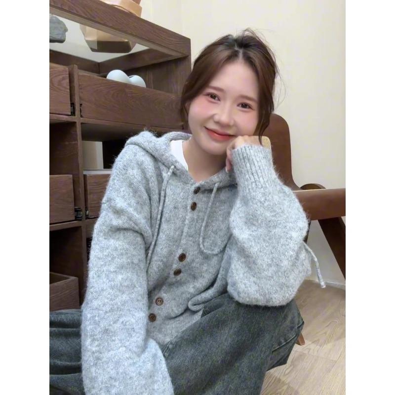 Осень и зима новый мягкий восковой ленивый ветер с капюшоном вязаный кардиган свитер женский высококачественный свободный однобортный пальто топ