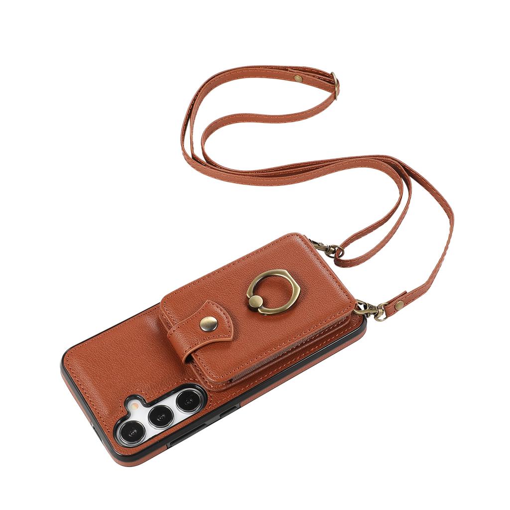 For Samsung Galaxy A26 5G Case Card Holder Ring Kickstand TPU+PU Leather Phone Cover with Long Strap