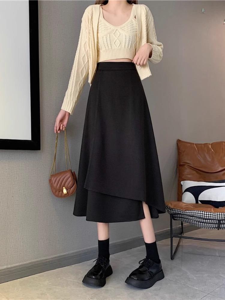 Women's Black A-Line Skirt: Spring, High-Waist, Medium To Long, Irregular Hem, Large Size, Korean Style, Hip-Covering, Flared Umbrella Design.