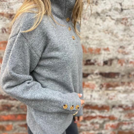 Women Pullover Sweater Stand Collar Buttons Half Placket Long Sleeve Knitting Tops Solid Color Loose Fit Casual Sweater