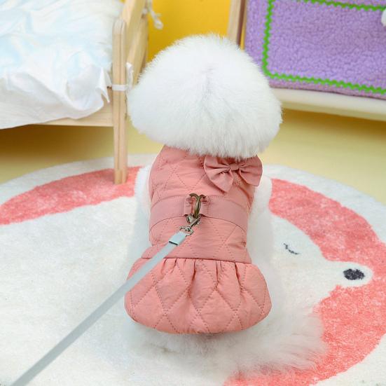 Cozy Stylish Warm Dog Coat Waterproof Reflective Fleece Lined with Bow Decoration Portable Traction Ring Pet Winter Jacket