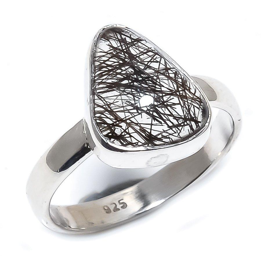 Натуральный Черный Рутил Драгоценный Камень Ручной Работы Ювелирное Изделие Кольцо из Стерлингового Серебра 925 пробы S.6 K1Y56