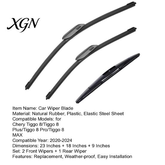 Durable Natural Rubber Wipers 3Pcs/Set Beam Wiper Blades for Chery Tiggo 8 Plus Pro All Weather Performance MAX 2020-2024, 23"+18"+9" Front