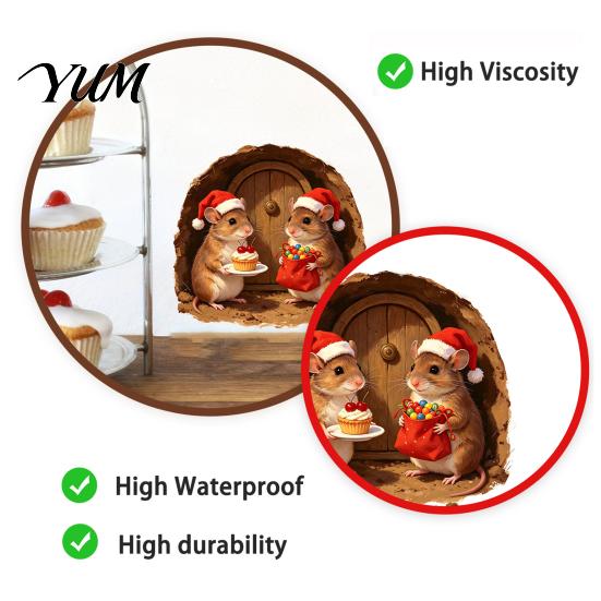 Santa Hat Mouse Decor 3D Hole Wall Sticker for Christmas Decoration, Realistic Decal, Waterproof PVC Stickers Art Home Window Bathroom Glass