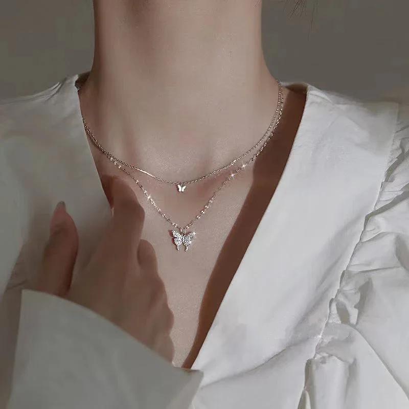 New Elegant Silver color Shiny Butterfly Necklaces Ladies Exquisite Double Layer Clavicle Chain Necklace Jewelry Gift