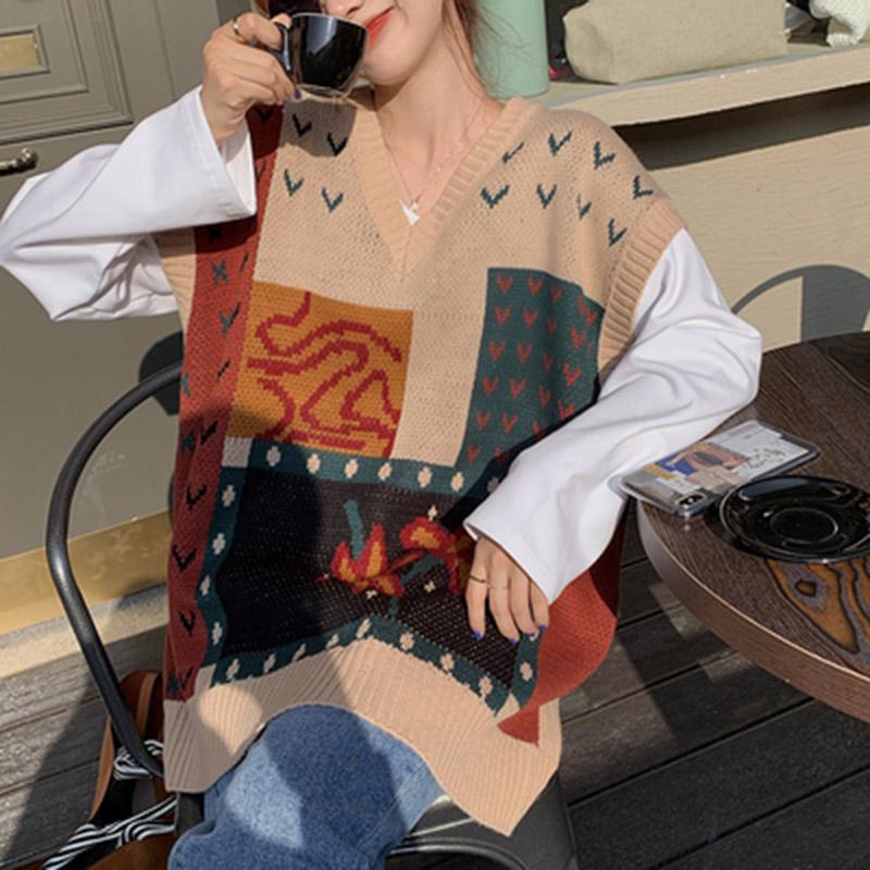 Свитер-жилет женский плюс размер осенний v-образный вырез свободный вязаный удобный спортивный свитер сто с майкой без рукавов