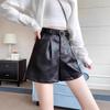 Women's High-Waist Black PU Leather Shorts - Autumn/Winter 2024 Casual Wide-Leg Slimming Design