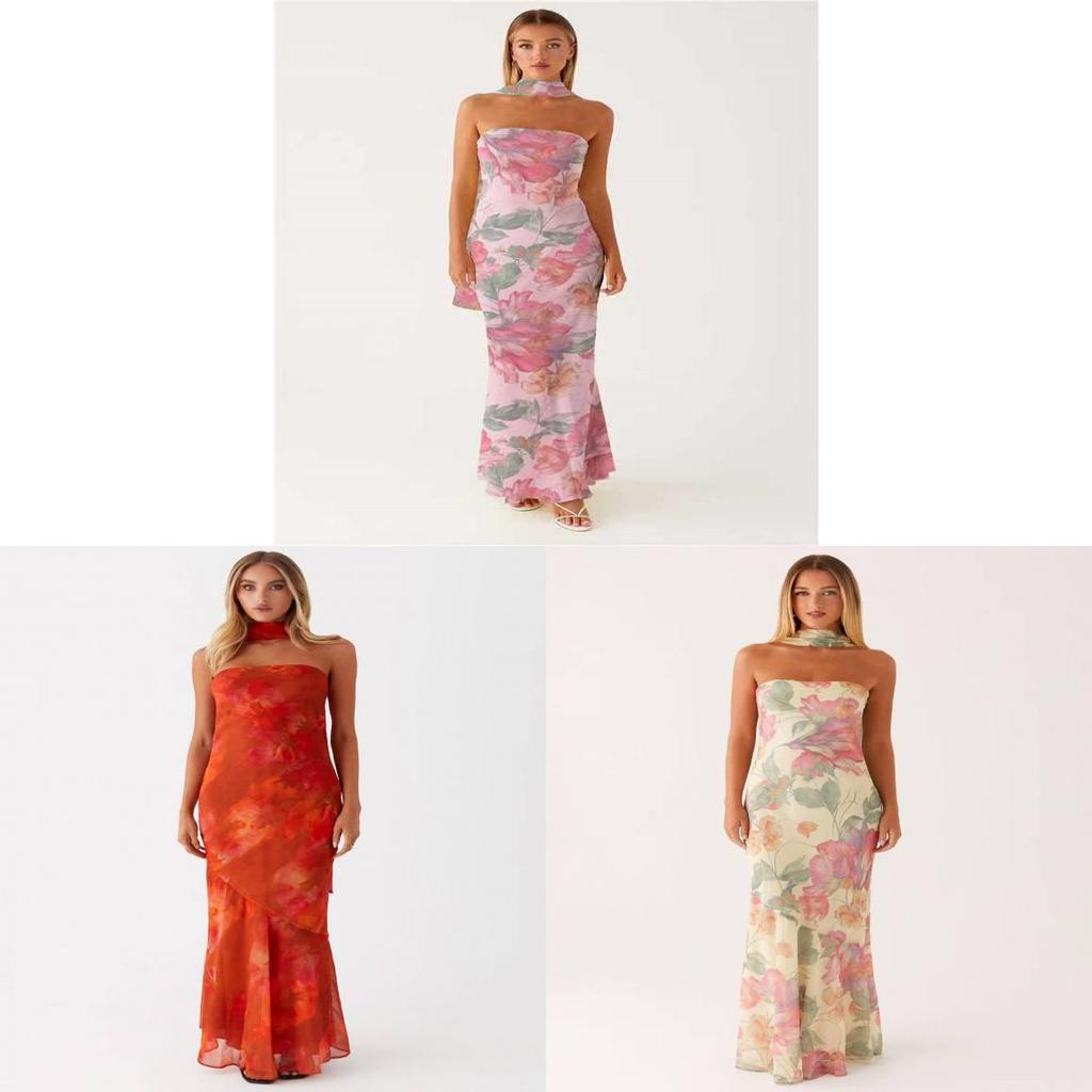 French Floral Chiffon Maxi Dress With Zipper For Summer Beach Vacation
