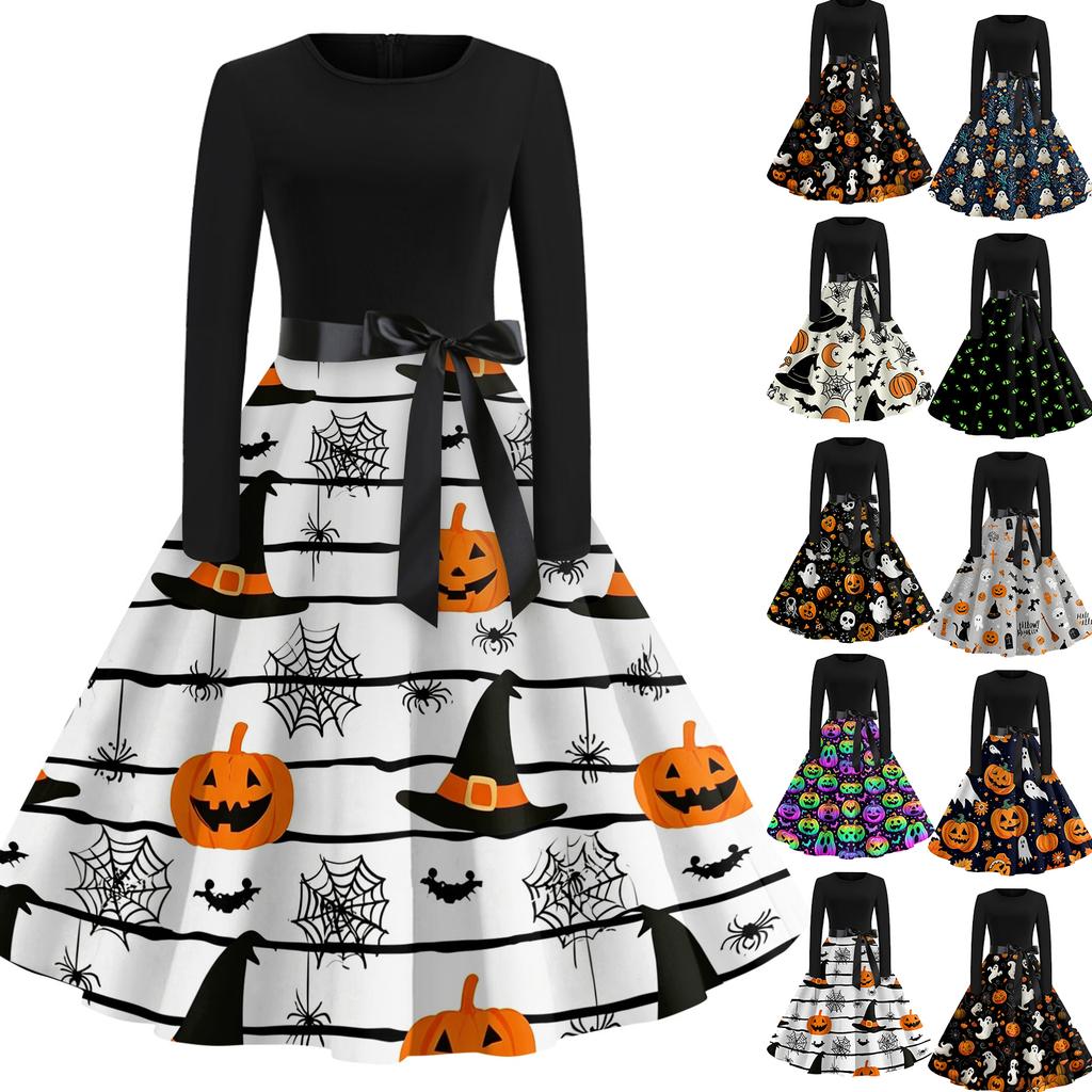 Women's Casual Halloween Print Dress Long Sleeve Round Neck Retro Vintage Style Midi Dress with Waist Tie for Everyday Wear