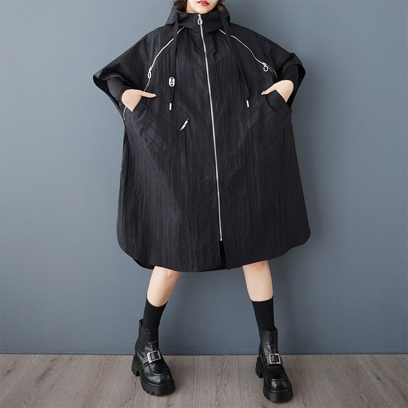 Short Sleeve Plus Size Black Vintage Hooded Casual Loose Autumn Spring Trench Coat for Women Outerwear