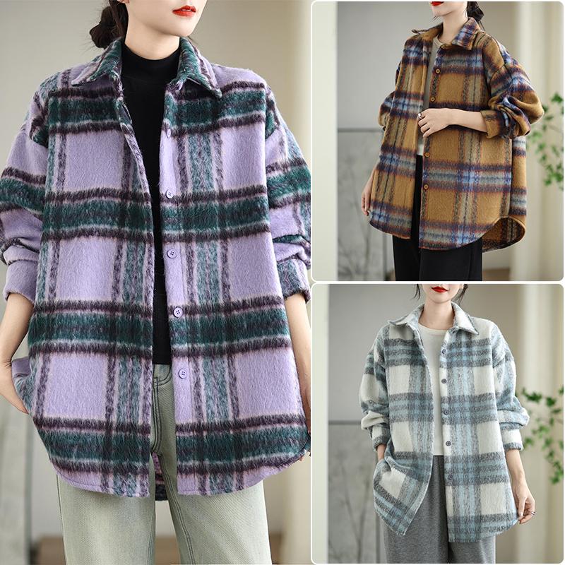 DIMANAF 2025 Новые осенне-зимние женские пальто и куртки больших размеров, свободная повседневная верхняя одежда, винтажная женская клетчатая хлопковая толстая с длинным рукавом