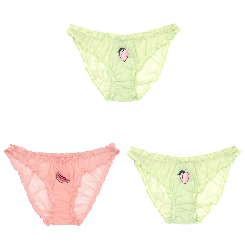 3PCS/Set Women Sexy Lace Lingerie Temptation Low-waist Panties Fruit Ins Embroidery Transparent Briefs Seamless Sweet Underwear