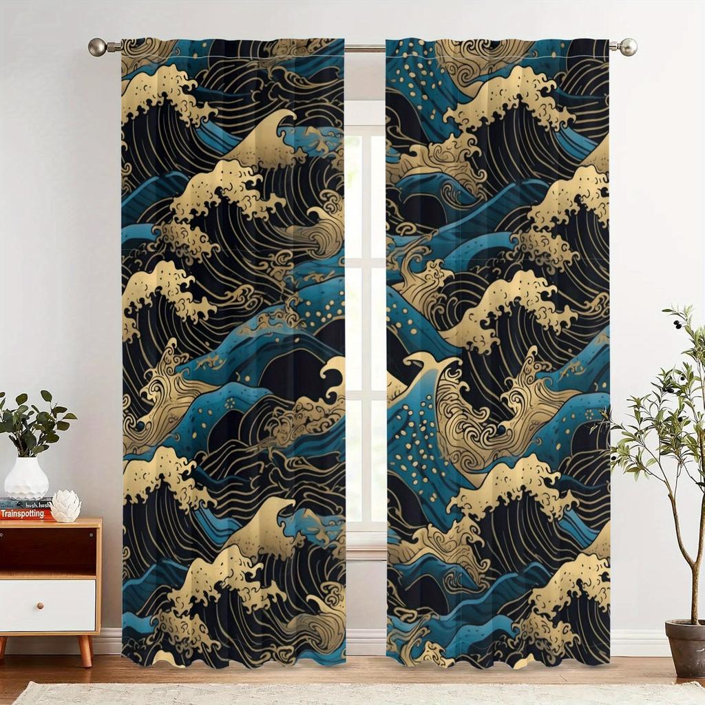 2pcs Japanese Great Wave off Kanagawa Blackout Curtains - Vintage Style, Rod Pocket Design, Machine Washable Polyester