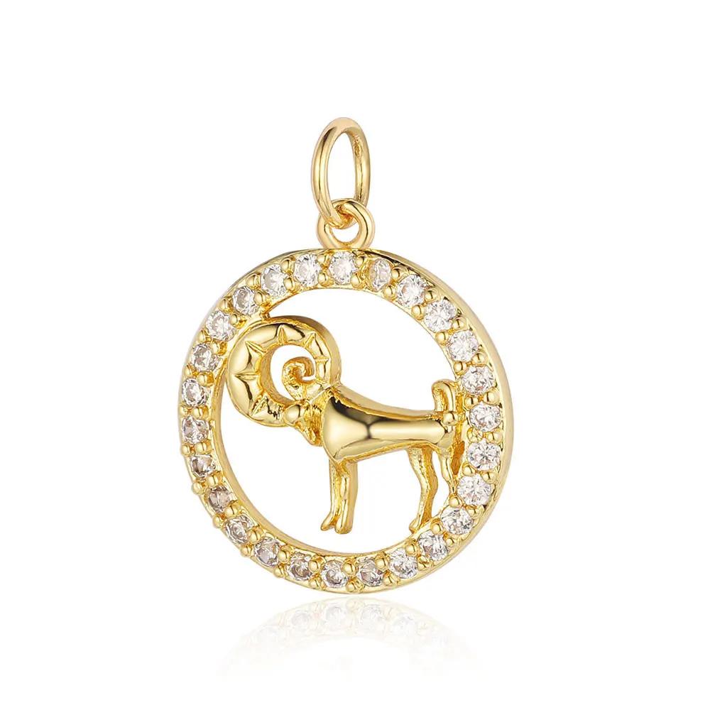 Zodiac Sign Copper Zricon Charm Round Constellation Capricorn Taurus Aries Pendant for Bracelet Necklace Making