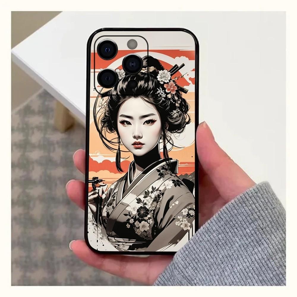 Samurai Warrior Geisha Phone Case For Apple iPhone 15,14,13,12,11,Pro,X,XS,Max,XR,Plus,Mini Soft black shell