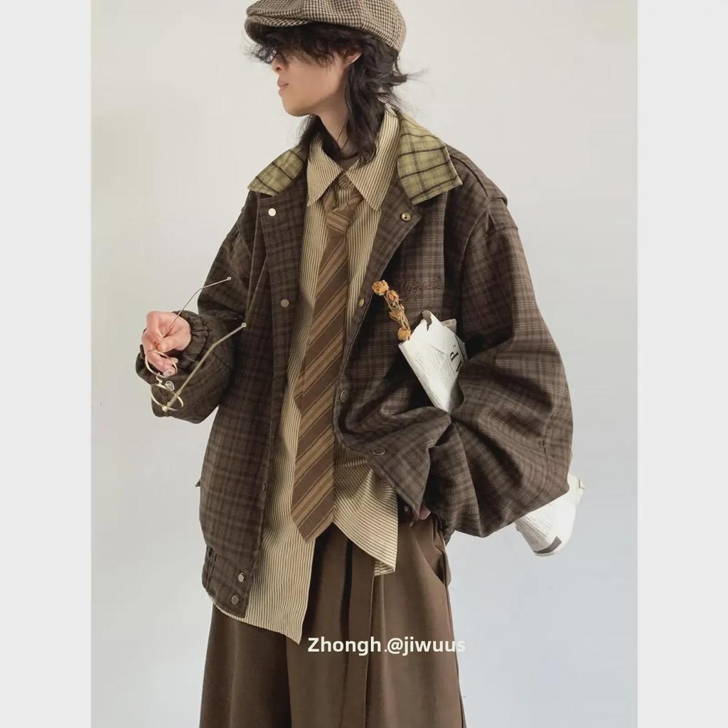 Куртка унисекс в стиле ретро с вышивкой в клетку - осенняя свободная посадка с повседневными лацканами