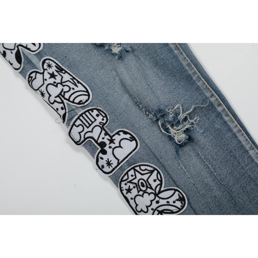 M45 Мужские и женские модные джинсы в американском стиле с тканевыми нашивками, дырками, вышивкой, повседневные и модные брюки для улицы