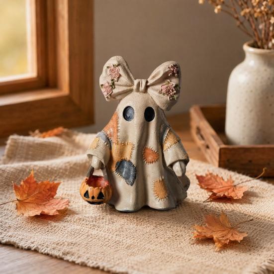 yangyizhi Halloween Lighted Patchwork Ghost Figurine, Light-Up Bow with Pumpkin Lantern, Ghosts Lamp Decoration for Holiday Party