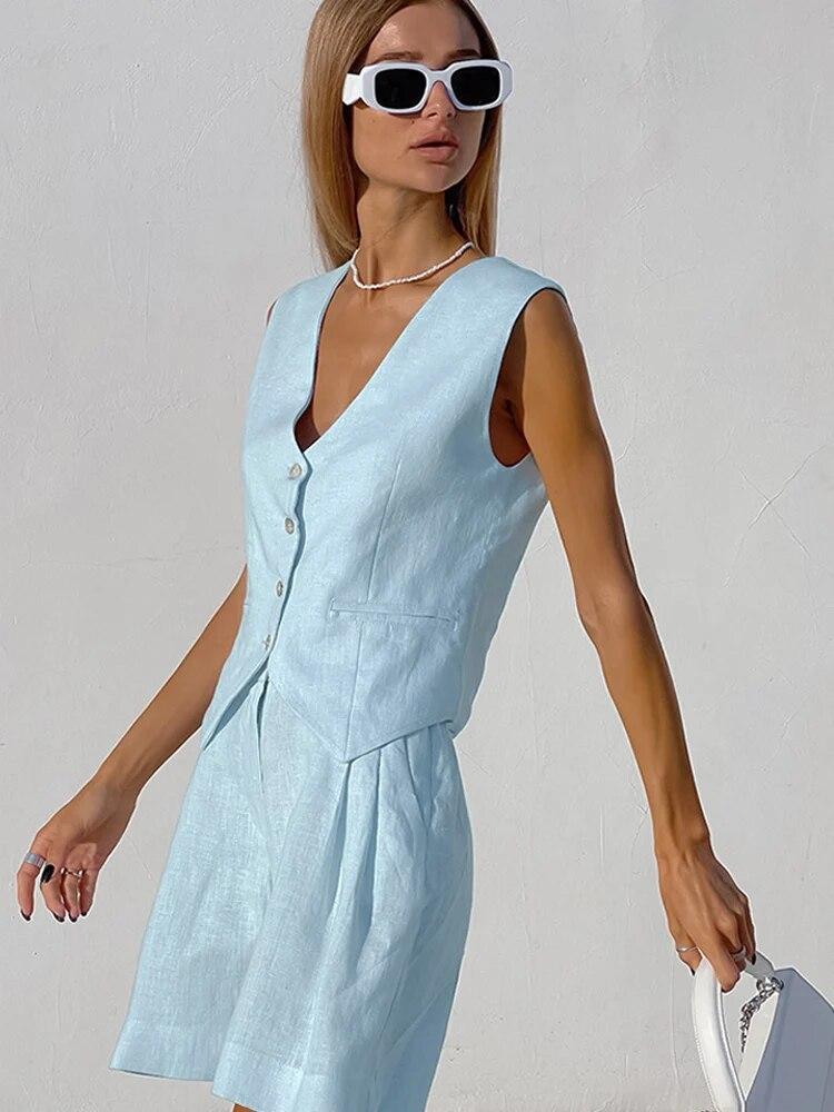Women Cotton Line Waistcoat Shorts Sets Elegant Sleeveless Single Breasted Top Two Piece Set Womens 2023 Summer Lady Outsuit