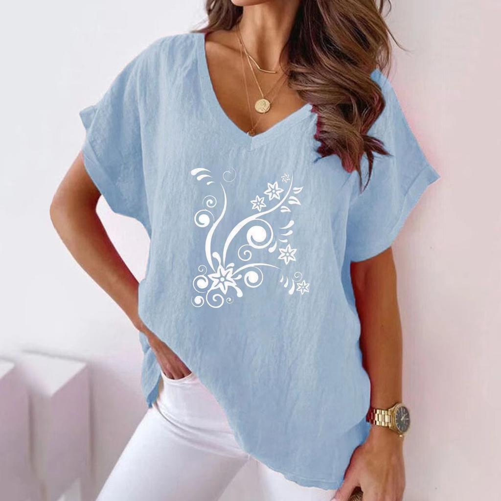 Лето 2023, женская повседневная хлопковая конопляная футболка с v-образным вырезом и цветочным принтом, футболка с короткими рукавами и летучей мышью