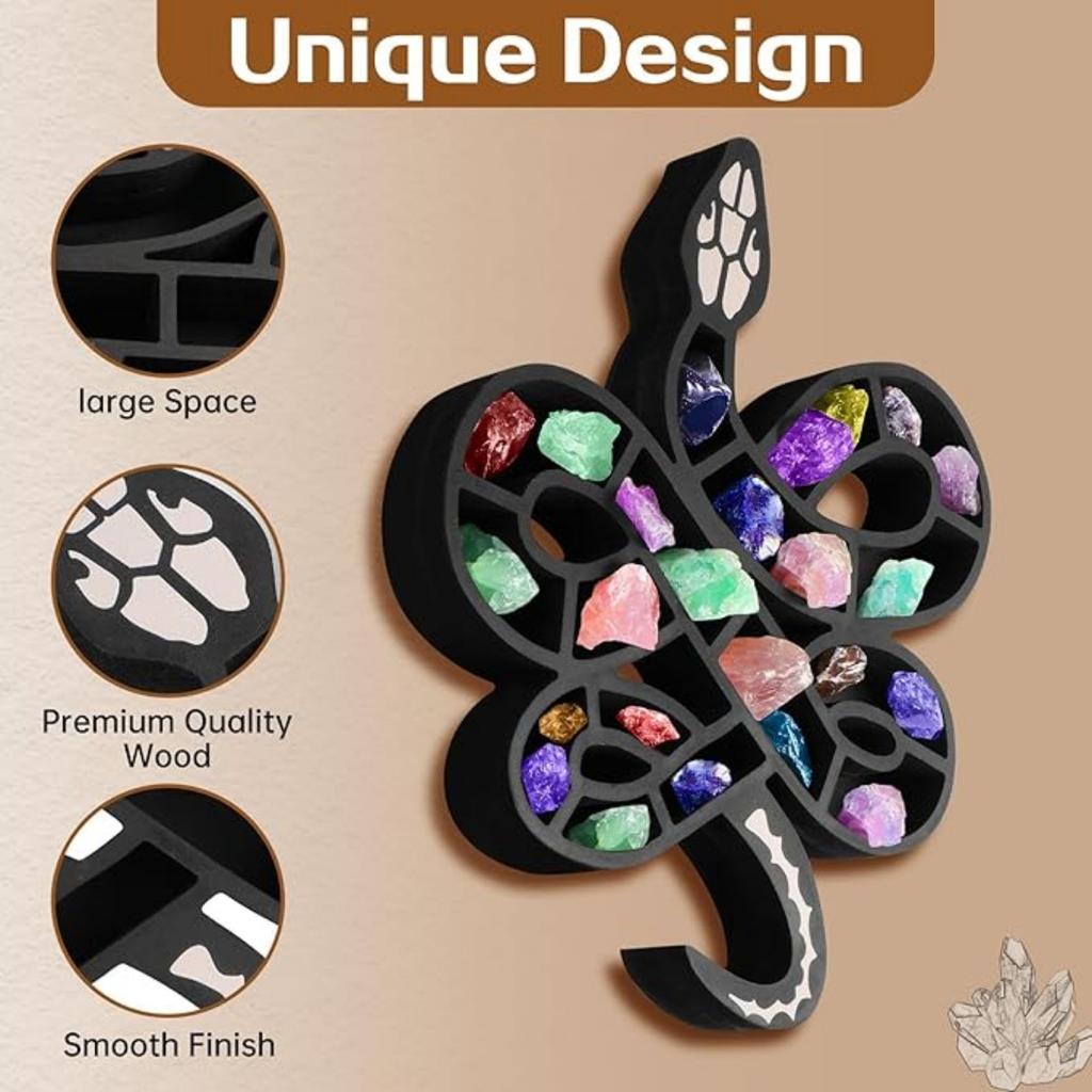 Wooden Floating Shelf Snake Design Unique Room Decor Crystal & Rock Display Shelf, Floating Wall Shelves for Rocks, Crystals, Oils, Stones, Plants