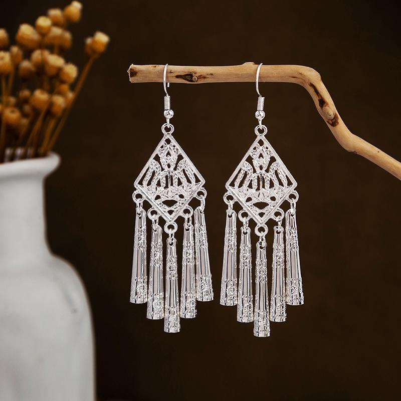 Bohemian Long Leaf Tassel Earrings - Imitation Silver, Miao Ethnic Style
