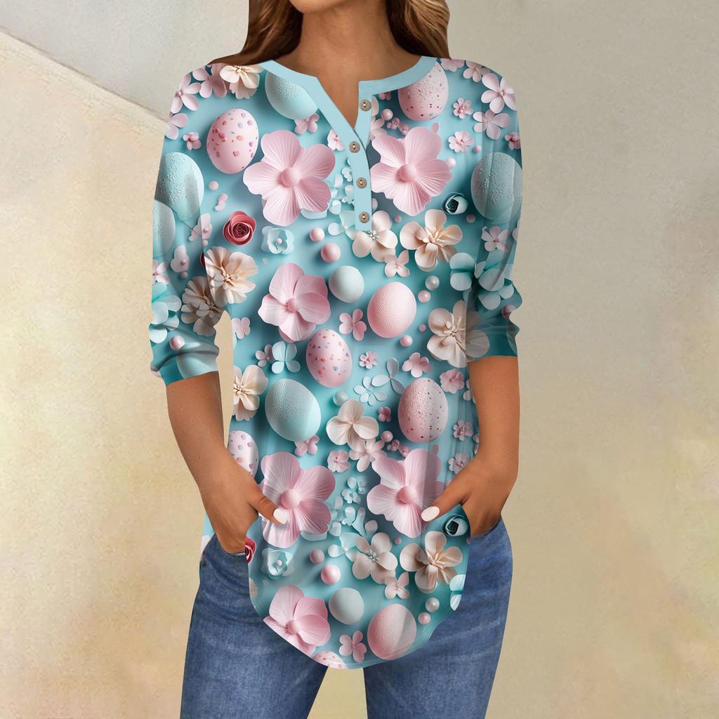 Women's 3/4 Sleeve Easter Egg Bunny Print Button Collar Fashion Casual Top