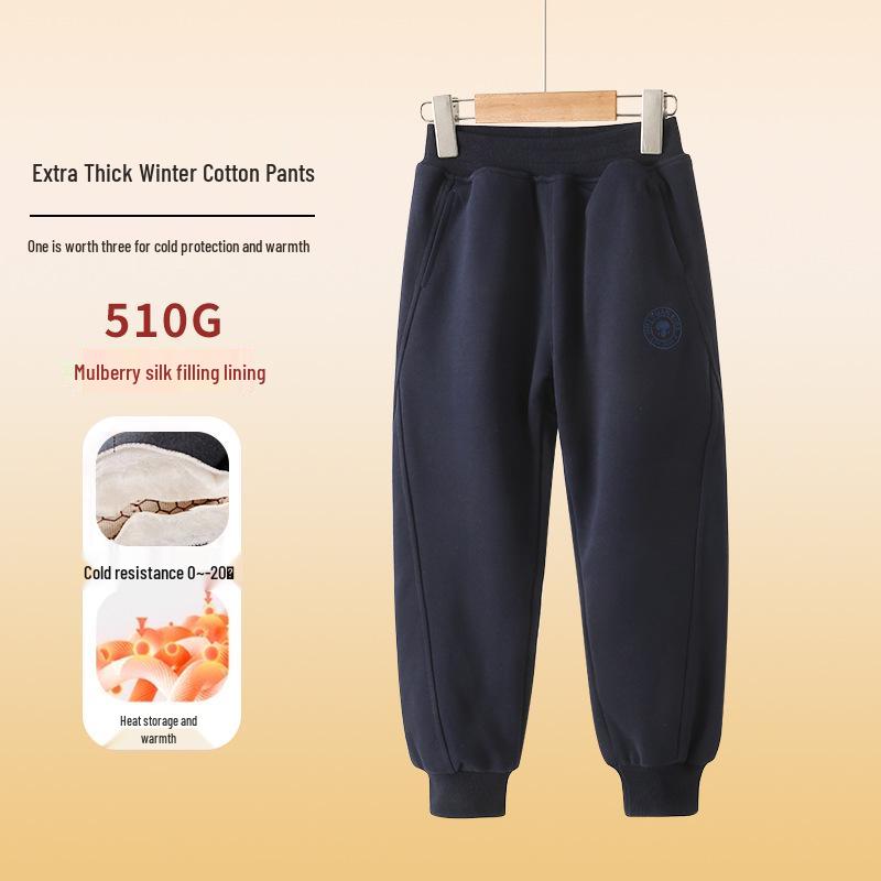 2024 Зимние утепленные хлопковые брюки на флисовой подкладке для мальчиков среднего и старшего возраста - Спортивный стиль