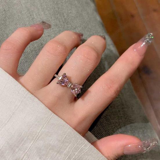 Lady Open Ring Adjustable Pin Cubic Zirconia Bow Shape Smooth Polished Finger Jewelry Daily Prom Party Knuckle Ring