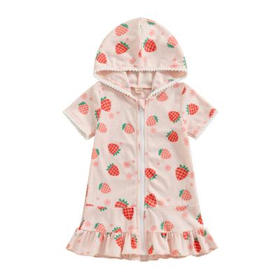 Купальный халат для малышей-девочек с коротким рукавом и принтом клубники, на молнии, с капюшоном