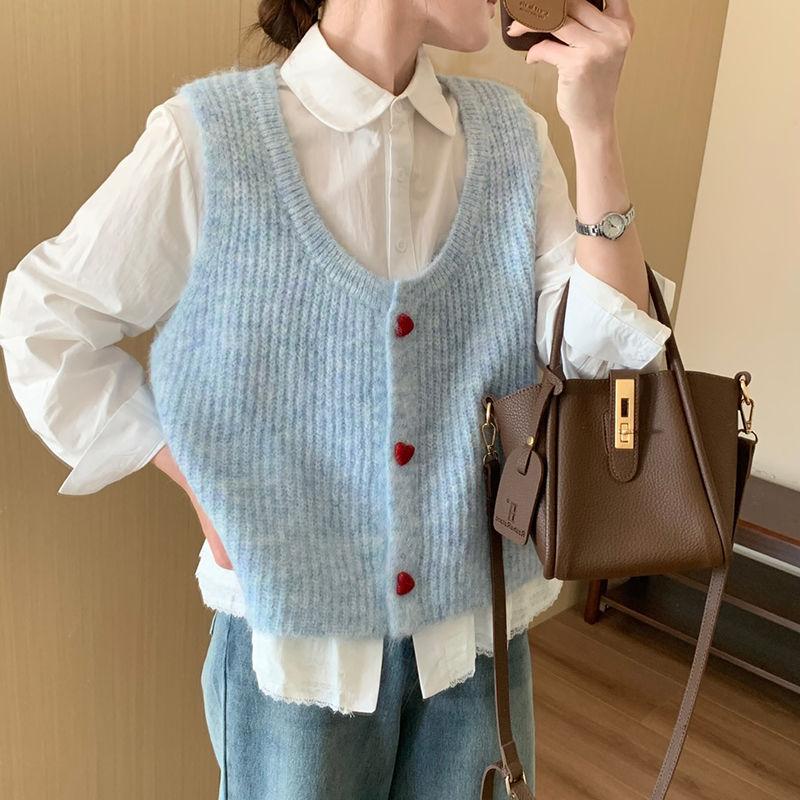 Sweet Heart Button Cardigan Vest Spring Korean Style Casual Sweater Waistcoat Base Layer